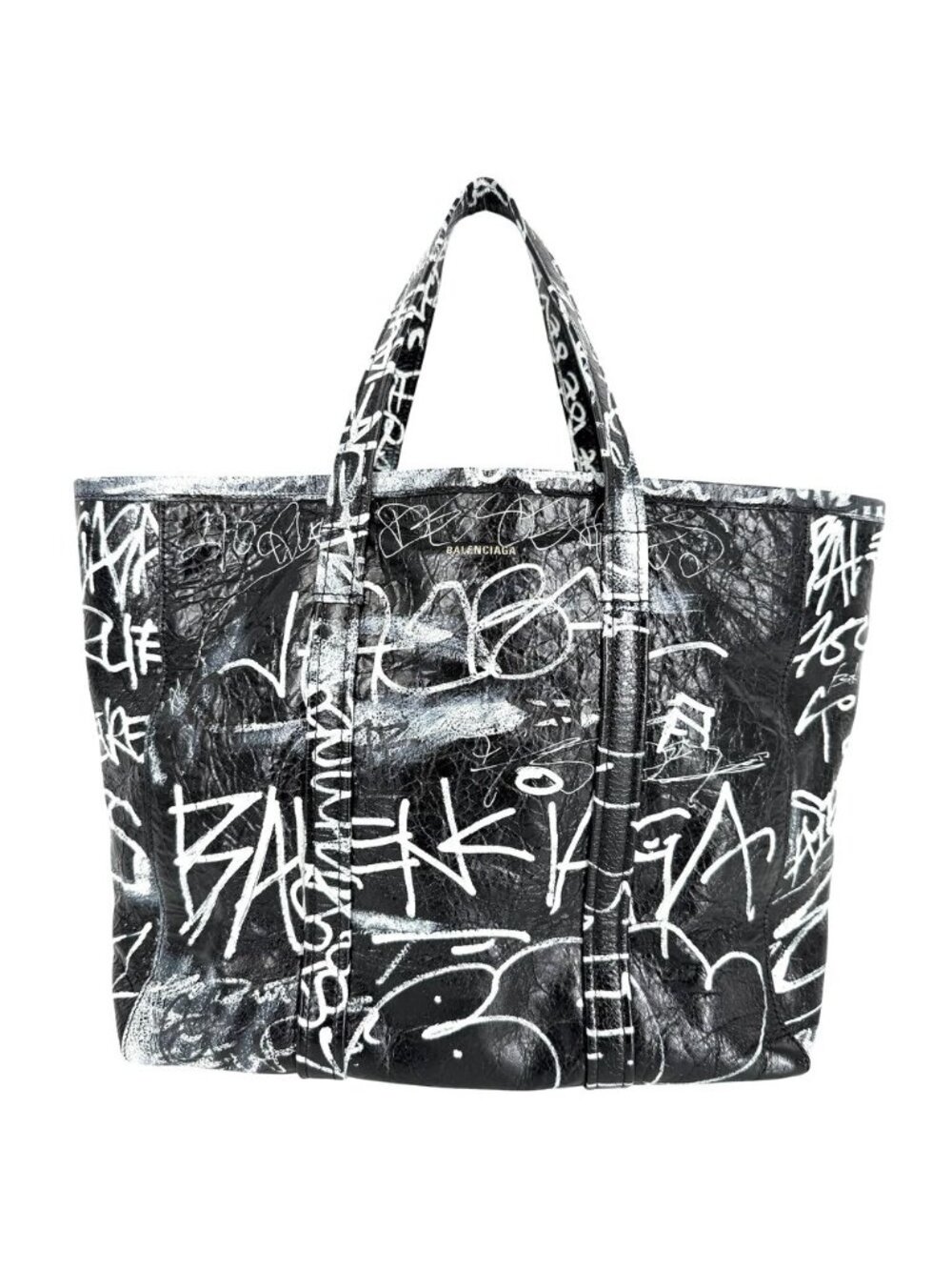 Balenciaga 2-Way Barbes Graffiti Tote Bag Shoulder Crossbody Leather Black White